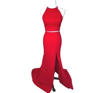 Sherri Hill Red 2 Piece Gown Halter Crop Top Mermaid Train Skirt Glam Slit Sz 4